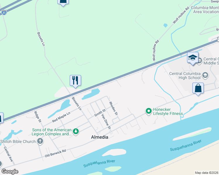 map of restaurants, bars, coffee shops, grocery stores, and more near 3820 Columbia Boulevard in Bloomsburg