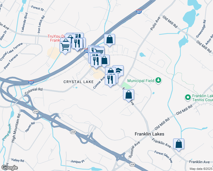 map of restaurants, bars, coffee shops, grocery stores, and more near 511 Harriet Place in Franklin Lakes