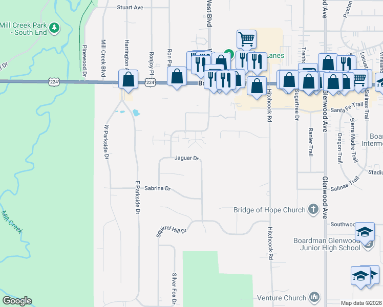 map of restaurants, bars, coffee shops, grocery stores, and more near 7391 Bonnie Place in Youngstown