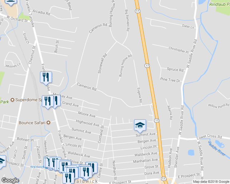 map of restaurants, bars, coffee shops, grocery stores, and more near 100 East Allendale Road in Saddle River
