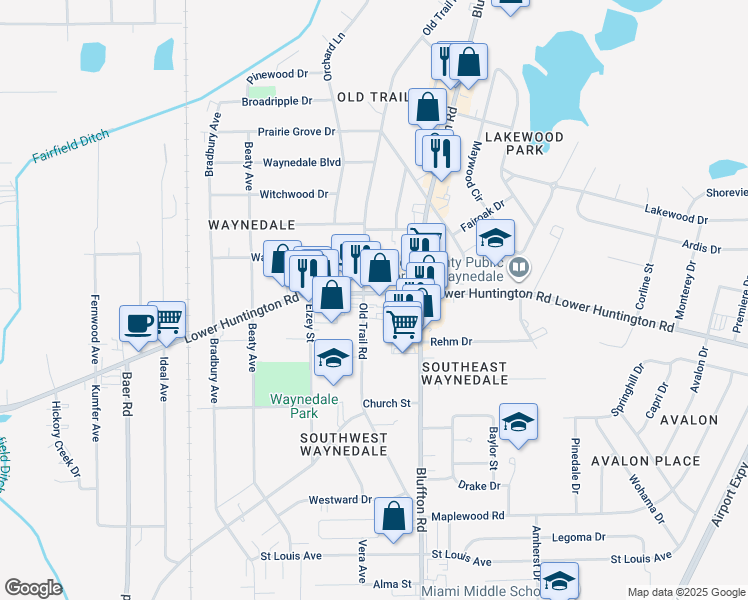map of restaurants, bars, coffee shops, grocery stores, and more near 2500 Lower Huntington Road in Fort Wayne
