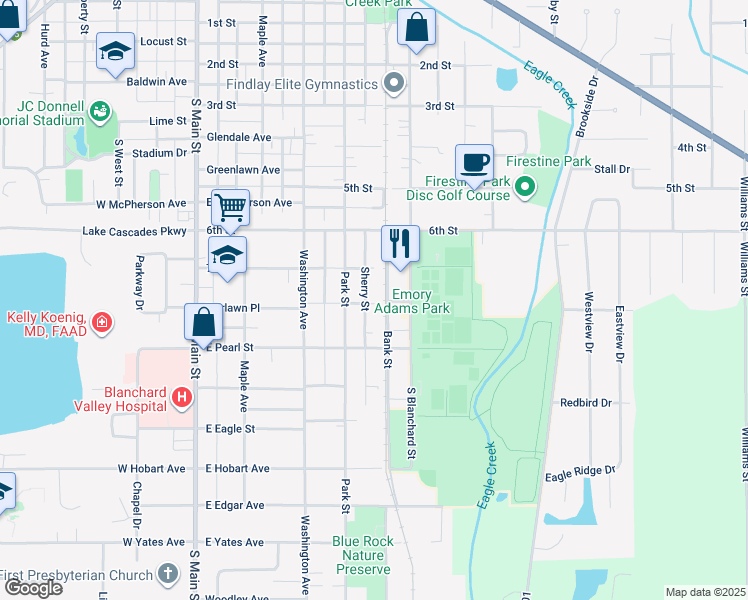 map of restaurants, bars, coffee shops, grocery stores, and more near 1616 Sherry Street in Findlay