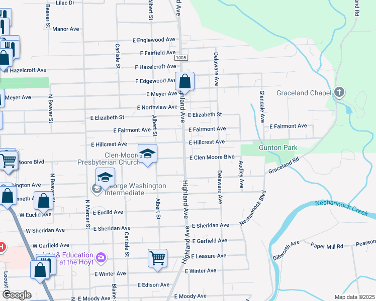 map of restaurants, bars, coffee shops, grocery stores, and more near 1806 Highland Avenue in New Castle