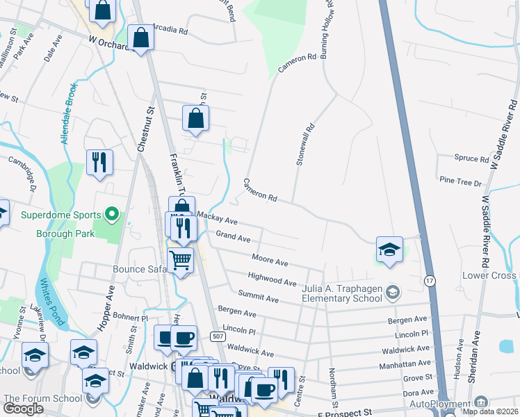 map of restaurants, bars, coffee shops, grocery stores, and more near 27 Cameron Road in Saddle River