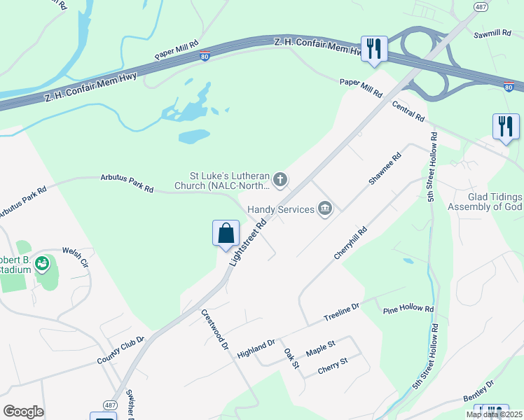 map of restaurants, bars, coffee shops, grocery stores, and more near 393 Arbutus Park Rd in Bloomsburg
