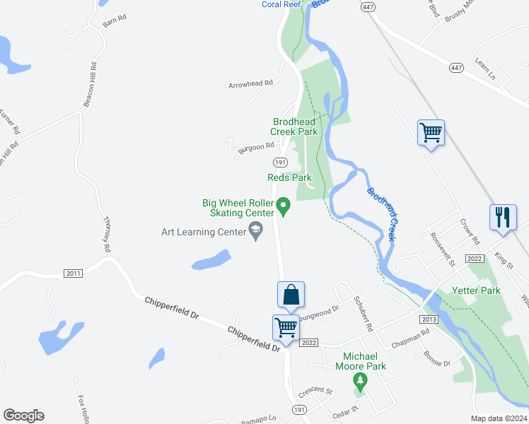 map of restaurants, bars, coffee shops, grocery stores, and more near 3241 North 5th Street in East Stroudsburg