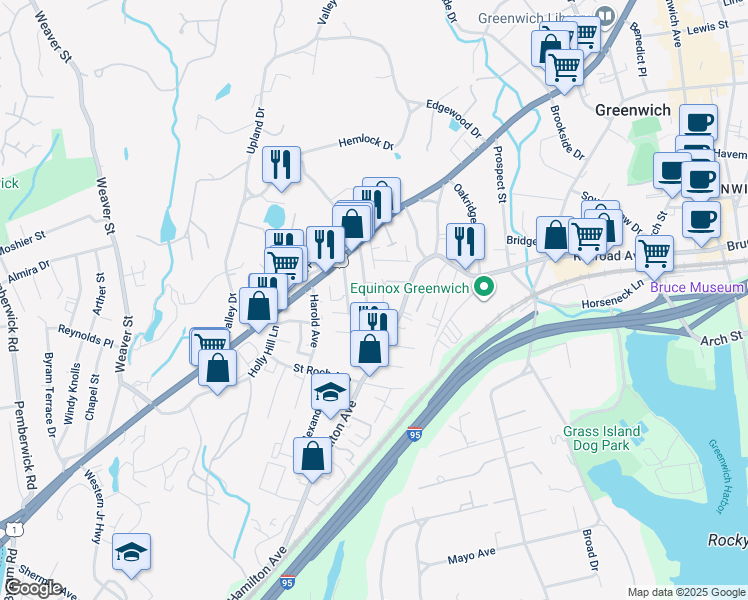 map of restaurants, bars, coffee shops, grocery stores, and more near 74 Josephine Evaristo Avenue in Greenwich