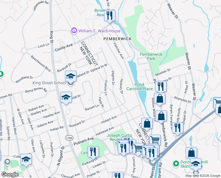map of restaurants, bars, coffee shops, grocery stores, and more near 22 Pilgrim Drive in Greenwich