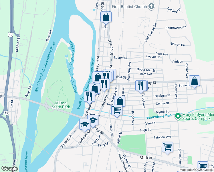 map of restaurants, bars, coffee shops, grocery stores, and more near 52 Broadway Street in Milton