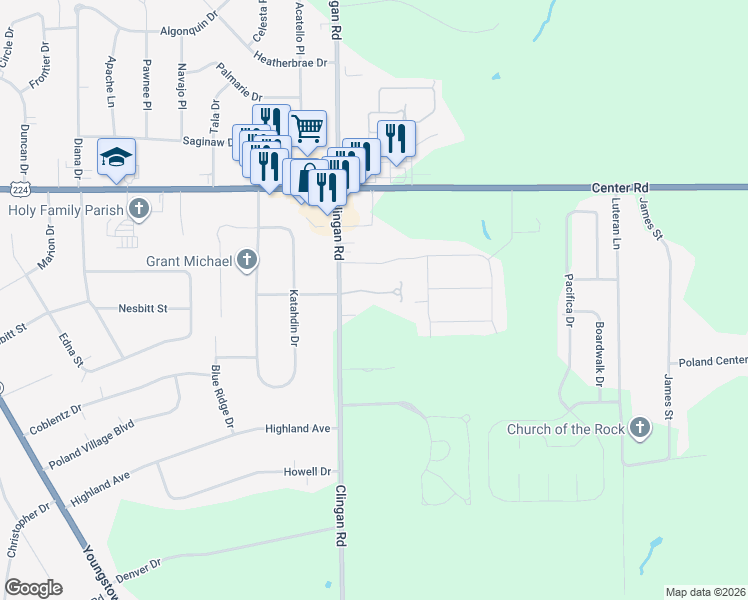 map of restaurants, bars, coffee shops, grocery stores, and more near 6695 Clingan Road in Youngstown