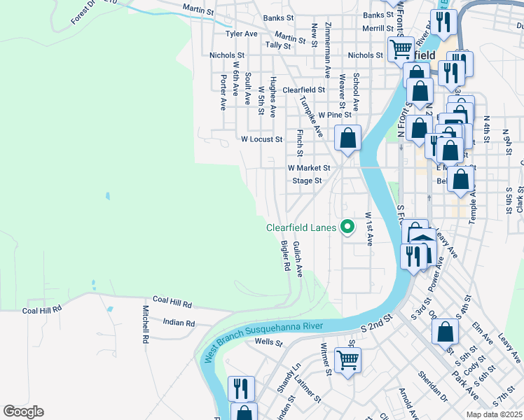map of restaurants, bars, coffee shops, grocery stores, and more near 111 Apple Street in Clearfield