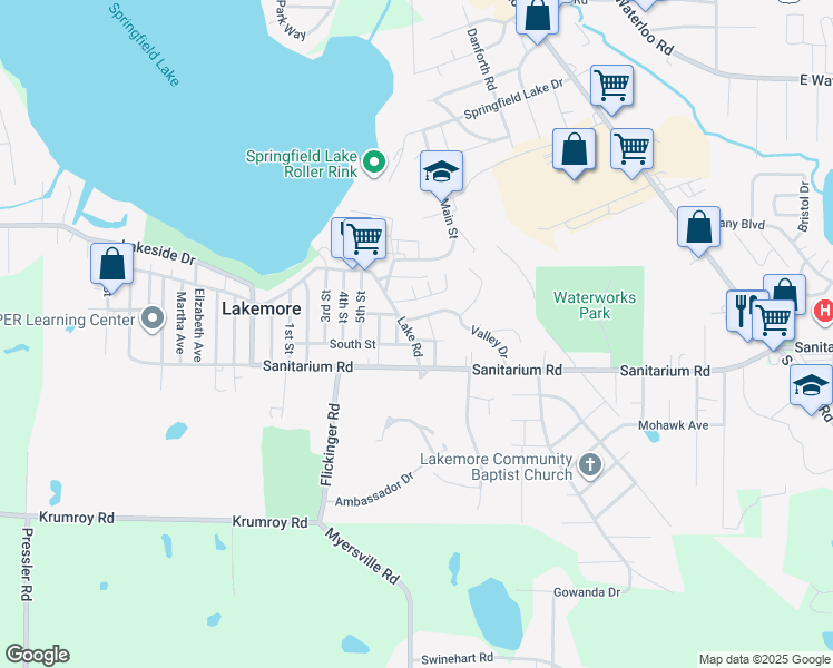 map of restaurants, bars, coffee shops, grocery stores, and more near 1546 Lake Road in Akron