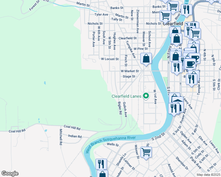 map of restaurants, bars, coffee shops, grocery stores, and more near 111 Apple Street in Clearfield