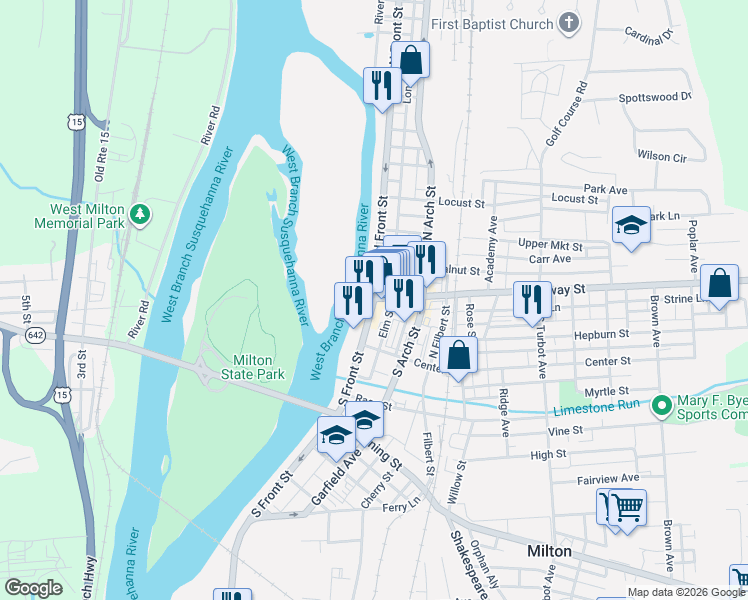 map of restaurants, bars, coffee shops, grocery stores, and more near 2-20 North Front Street in Milton