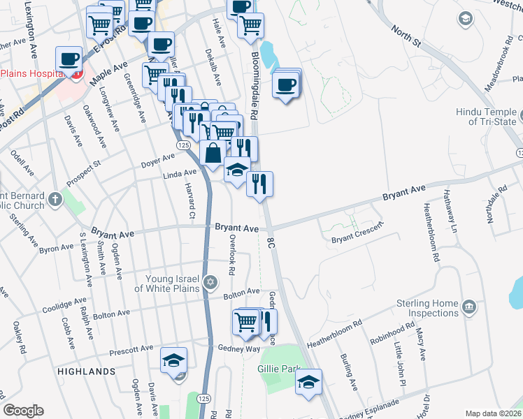 map of restaurants, bars, coffee shops, grocery stores, and more near 550 Mamaroneck Avenue in White Plains