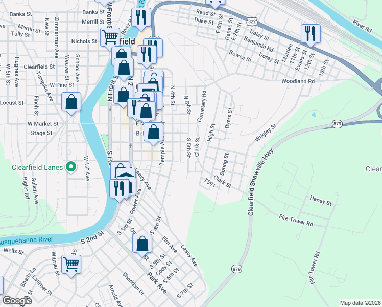 map of restaurants, bars, coffee shops, grocery stores, and more near 121 Ulerich Ave in Clearfield
