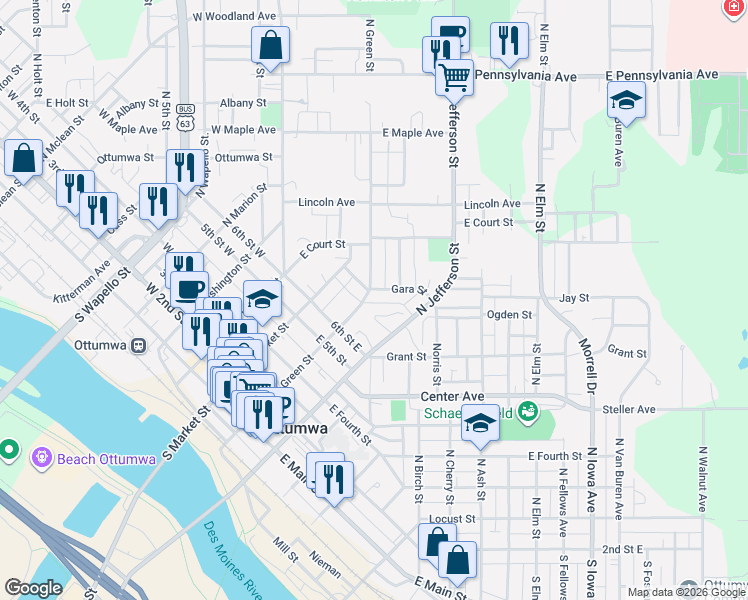 map of restaurants, bars, coffee shops, grocery stores, and more near 300-304 Gara Street in Ottumwa