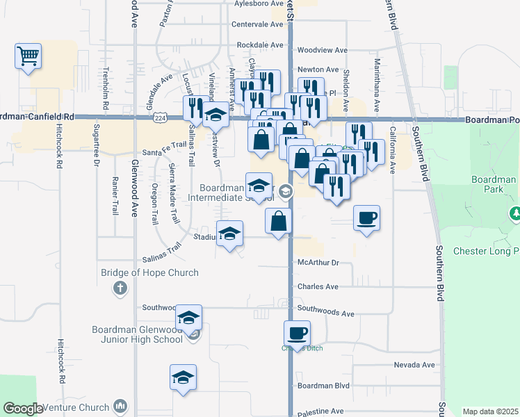 map of restaurants, bars, coffee shops, grocery stores, and more near 7410 Market Street in Youngstown