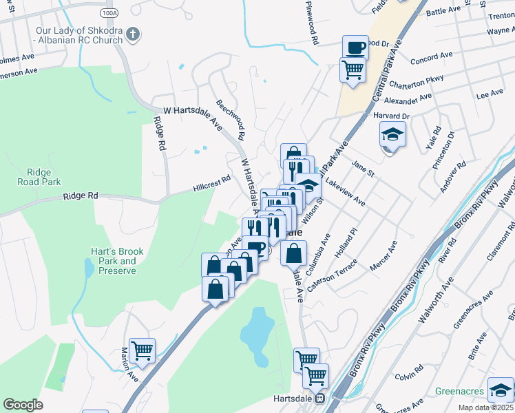 map of restaurants, bars, coffee shops, grocery stores, and more near 9 Hillcrest Road in Hartsdale