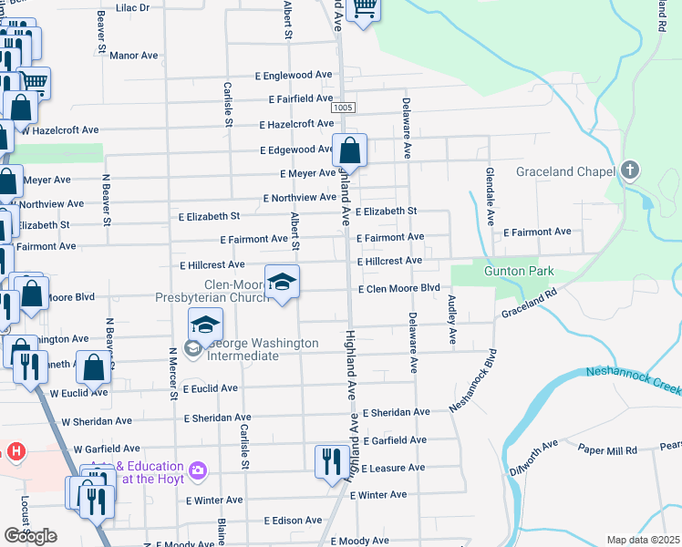 map of restaurants, bars, coffee shops, grocery stores, and more near 1811 Highland Avenue in New Castle