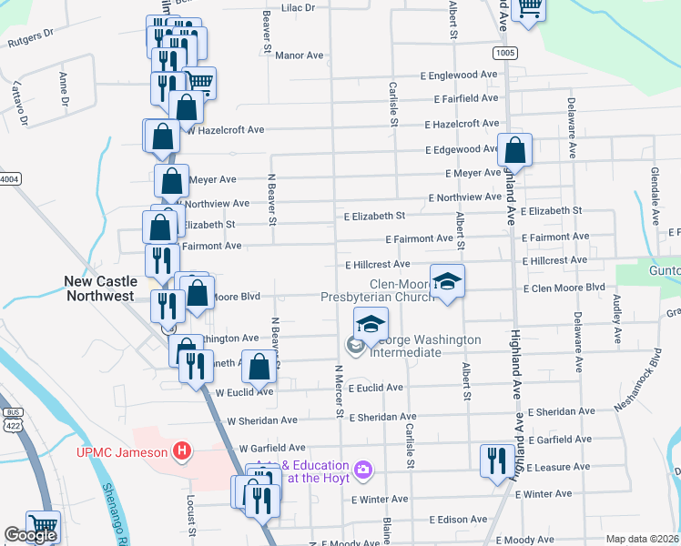 map of restaurants, bars, coffee shops, grocery stores, and more near 104 East Hillcrest Avenue in New Castle