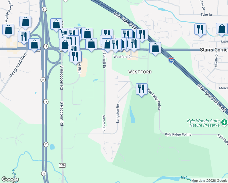map of restaurants, bars, coffee shops, grocery stores, and more near 6781 Summit Drive in Canfield