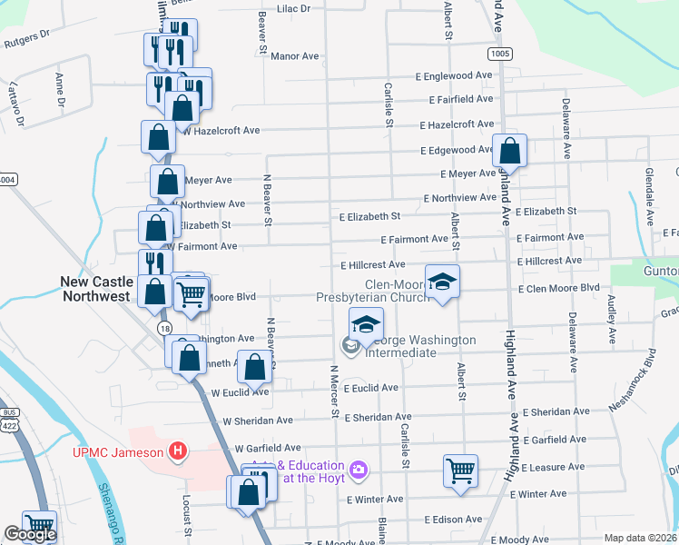 map of restaurants, bars, coffee shops, grocery stores, and more near 104 East Hillcrest Avenue in New Castle