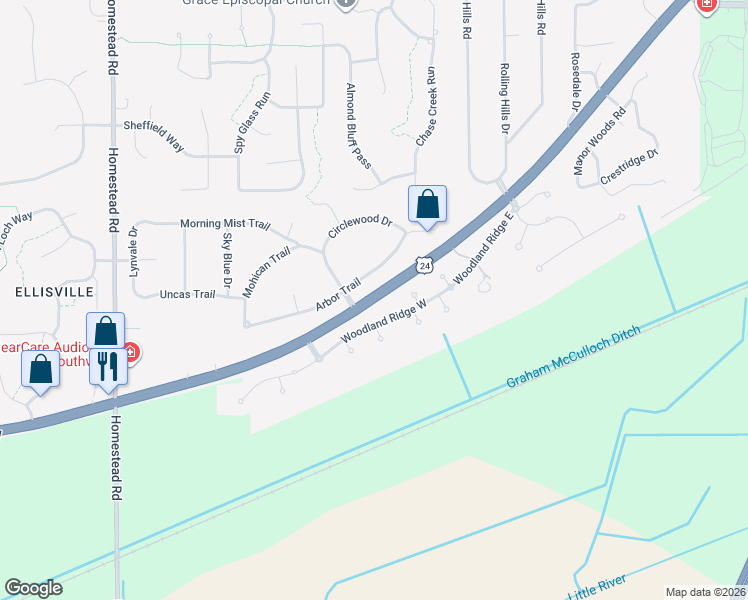 map of restaurants, bars, coffee shops, grocery stores, and more near 10087 West Jefferson Boulevard in Fort Wayne