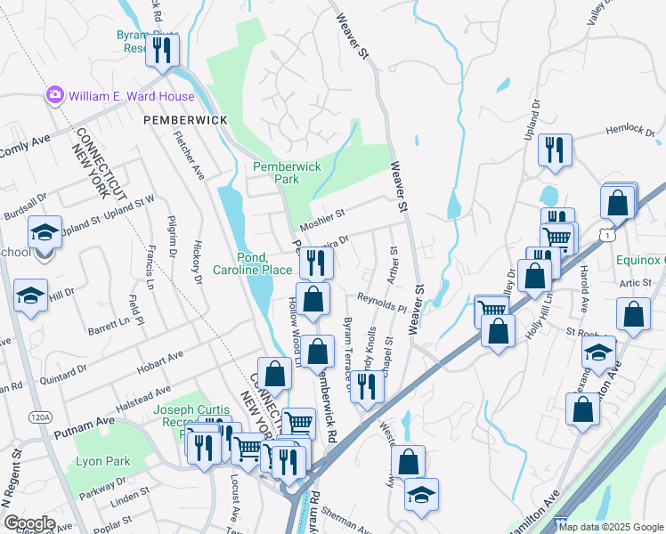 map of restaurants, bars, coffee shops, grocery stores, and more near 17 Green Lane in Greenwich