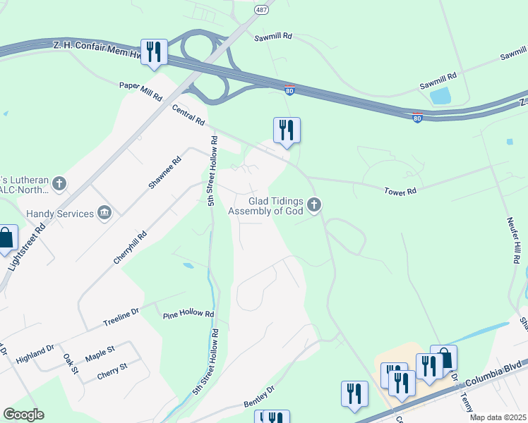 map of restaurants, bars, coffee shops, grocery stores, and more near 13 Kaitlyn Lane in Bloomsburg