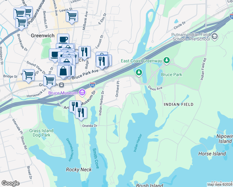 map of restaurants, bars, coffee shops, grocery stores, and more near 40 Orchard Place in Greenwich