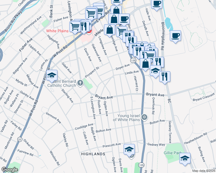 map of restaurants, bars, coffee shops, grocery stores, and more near 100 Davis Avenue in White Plains