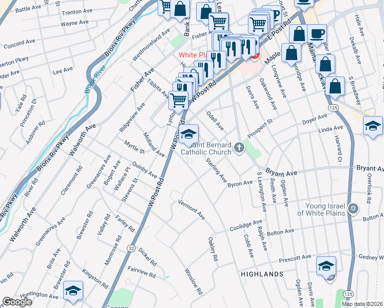 map of restaurants, bars, coffee shops, grocery stores, and more near 175 West Post Road in White Plains