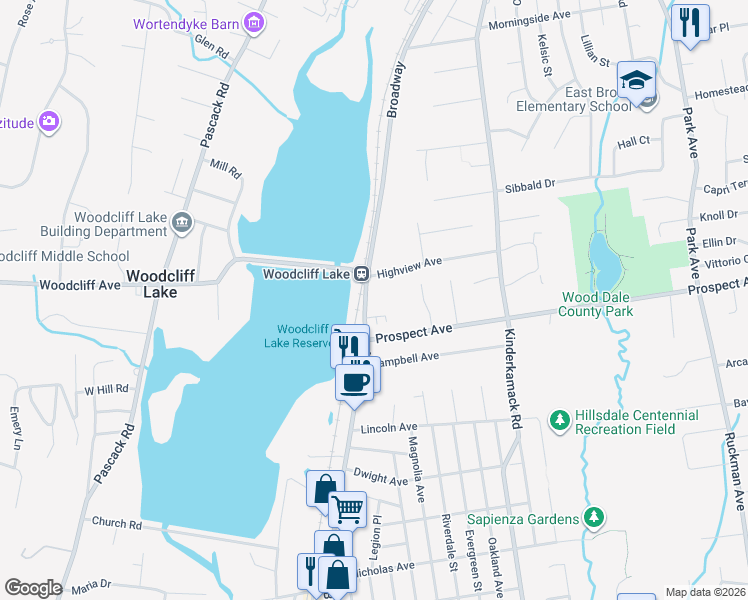 map of restaurants, bars, coffee shops, grocery stores, and more near 188 Broadway in Woodcliff Lake