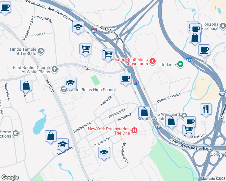 map of restaurants, bars, coffee shops, grocery stores, and more near 25A Baylor Circle in White Plains