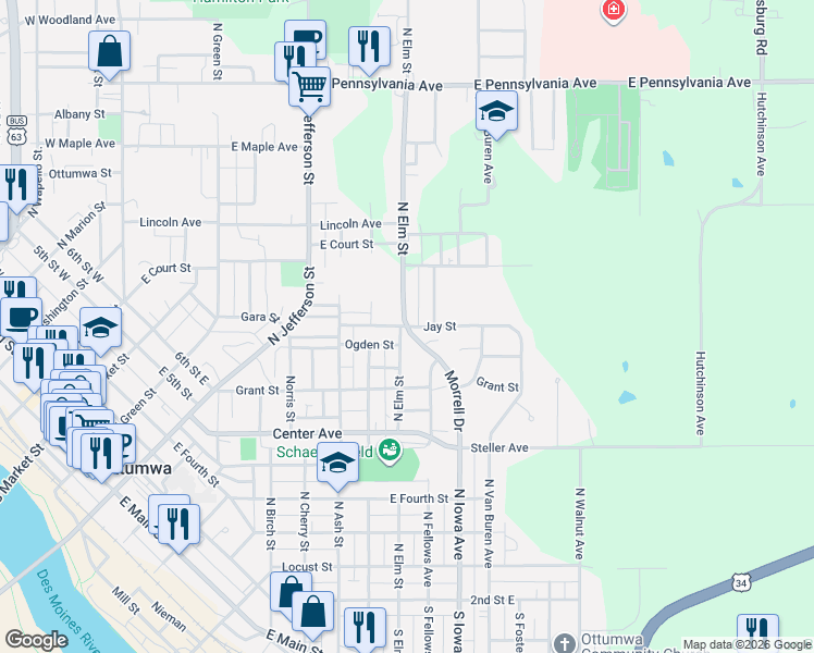 map of restaurants, bars, coffee shops, grocery stores, and more near Jay Street in Ottumwa