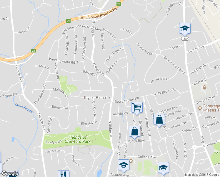 map of restaurants, bars, coffee shops, grocery stores, and more near 202 North Ridge Street in Rye Brook