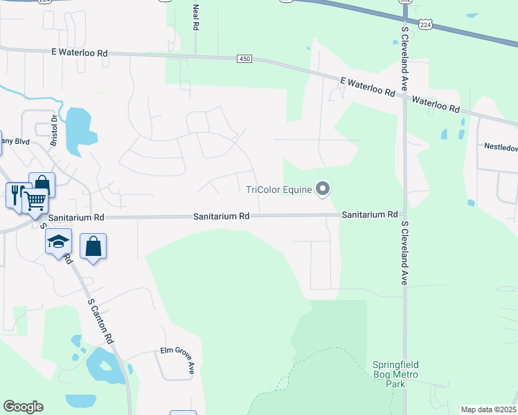 map of restaurants, bars, coffee shops, grocery stores, and more near 1405 Hidden Lake Boulevard in Akron