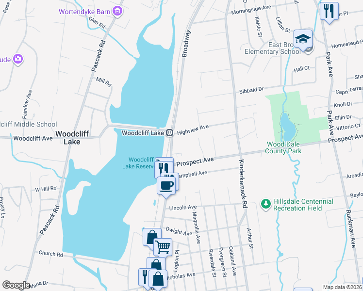 map of restaurants, bars, coffee shops, grocery stores, and more near 188 Broadway in Woodcliff Lake