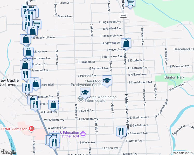 map of restaurants, bars, coffee shops, grocery stores, and more near 206 East Hillcrest Avenue in New Castle