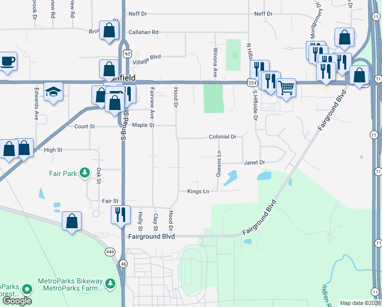 map of restaurants, bars, coffee shops, grocery stores, and more near 131 Hood Drive in Canfield