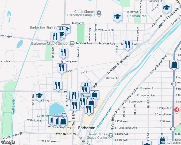 map of restaurants, bars, coffee shops, grocery stores, and more near 353 1/2 Van Street in Barberton