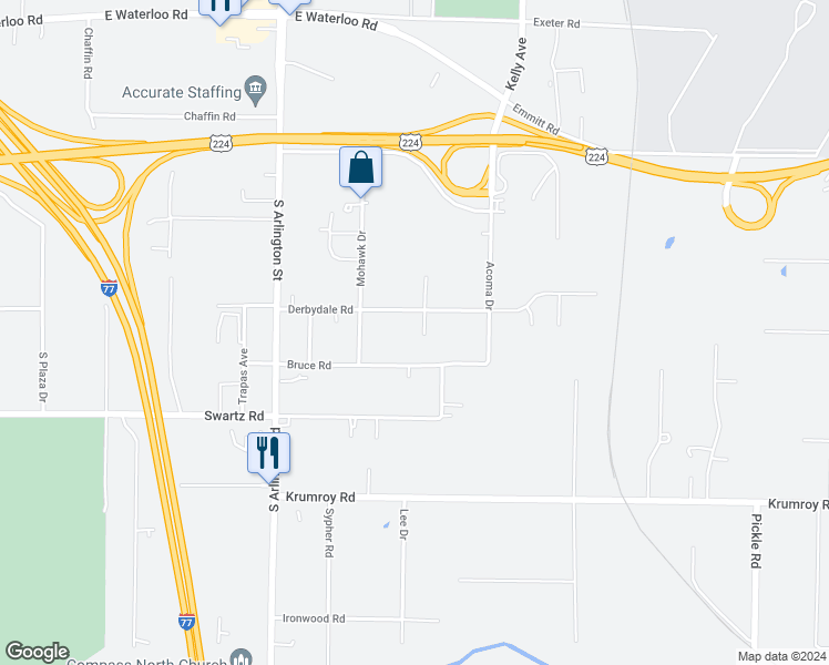 map of restaurants, bars, coffee shops, grocery stores, and more near 1700 Beverly Drive in Akron