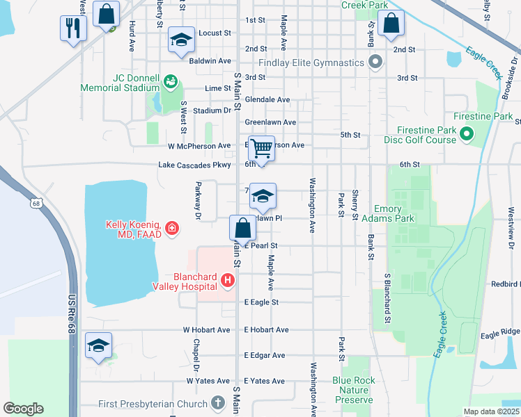 map of restaurants, bars, coffee shops, grocery stores, and more near 204 Fairlawn Place in Findlay