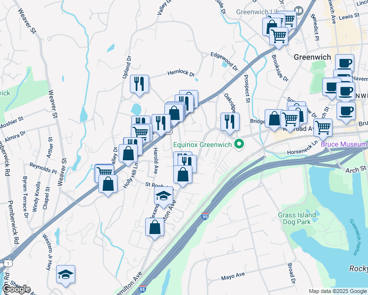 map of restaurants, bars, coffee shops, grocery stores, and more near 74 Josephine Evaristo Avenue in Greenwich