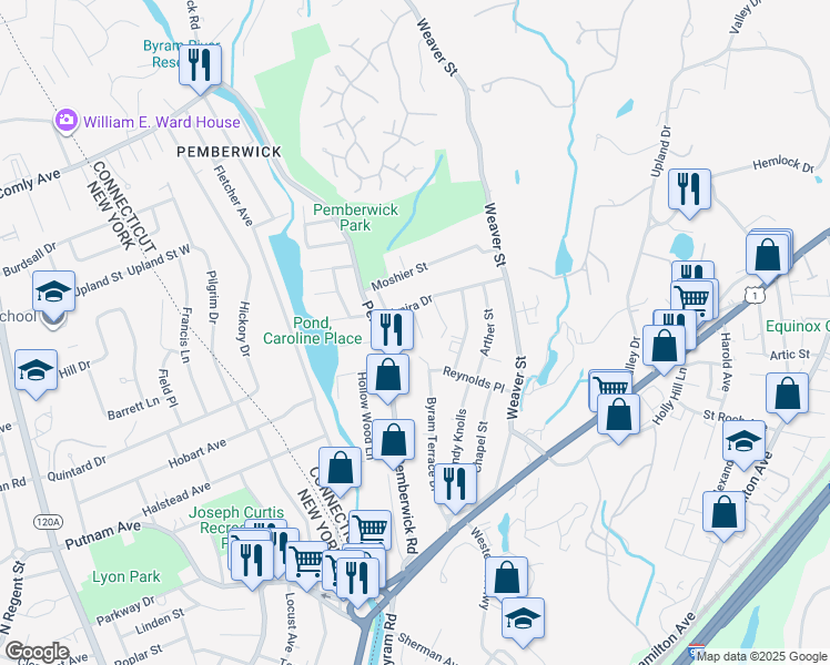 map of restaurants, bars, coffee shops, grocery stores, and more near 17 Green Lane in Greenwich