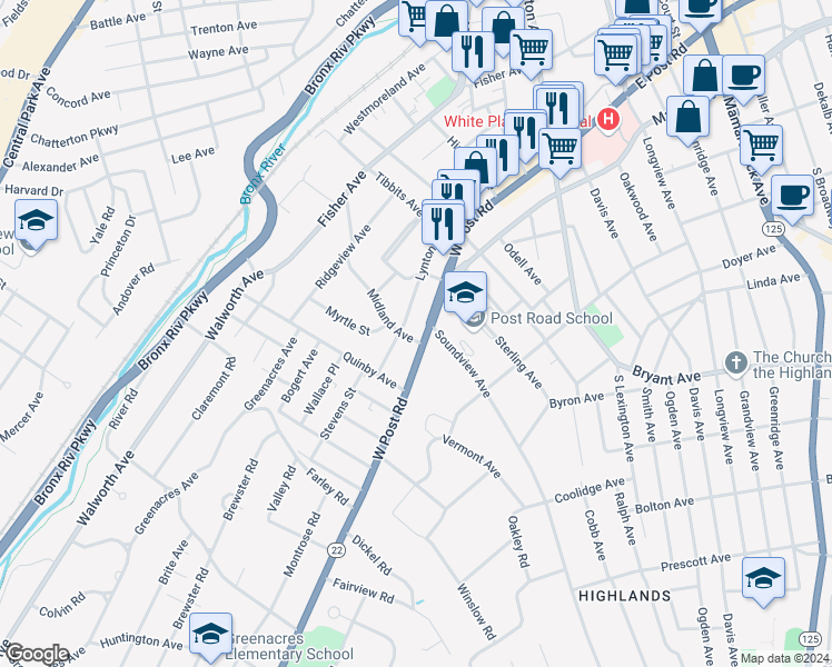 map of restaurants, bars, coffee shops, grocery stores, and more near 184 West Post Road in White Plains