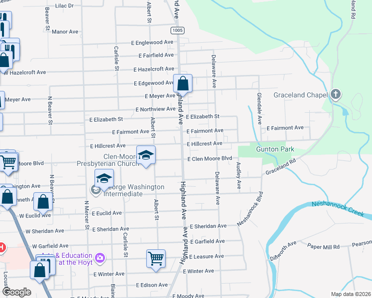 map of restaurants, bars, coffee shops, grocery stores, and more near 410 East Hillcrest Avenue in New Castle