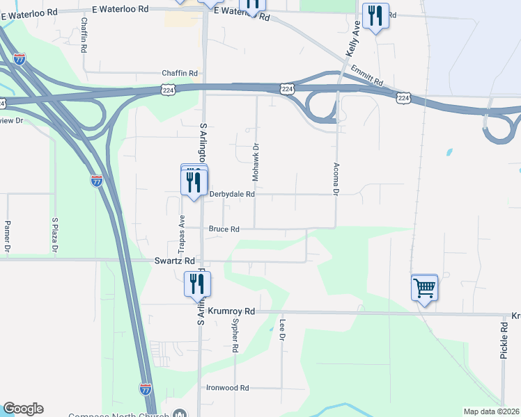 map of restaurants, bars, coffee shops, grocery stores, and more near 1106 Derbydale Road in Akron