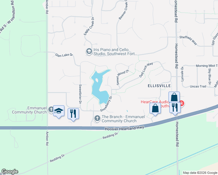 map of restaurants, bars, coffee shops, grocery stores, and more near 6726-6798 Snowberry Drive in Fort Wayne